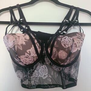 Victoria’s Secret 34D Longline Bustier Bra Black Sheer Floral Mesh Cage Back